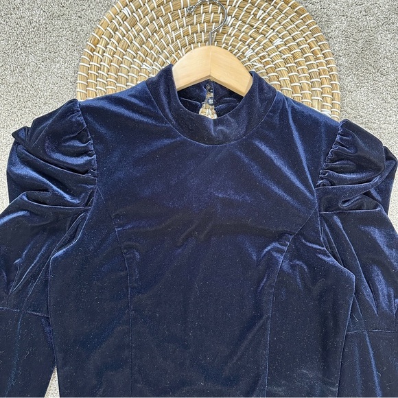 Misa Los Angles Dita Velvet Top Puffed Longsleeve Mock Neck Whimsigoth in Navy M - Picture 3 of 16